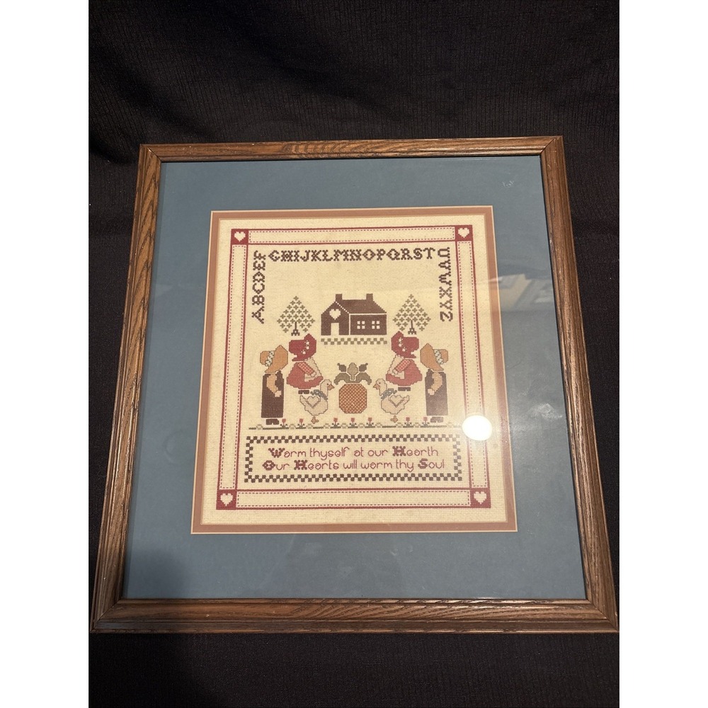 VTG Alphabet Folk Art Cross Stitch Sampler Matted Framed 15.5” X 16.5" Handmade
